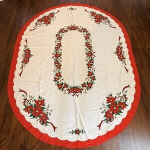 VTG Christmas Oval Tablecloth 62x82 Poinsettia Red White Holiday Retro Decor